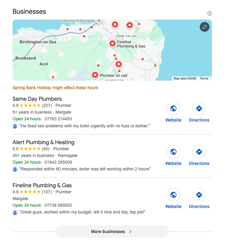 Google Maps local pack showing three plumbing businesses with star ratings
